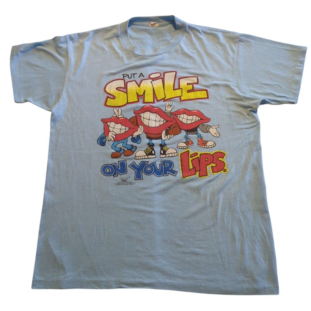 Vintage Tang Trio Shirt L - XL Put a Smile on Your Lips 1989 80s Blue STAINS